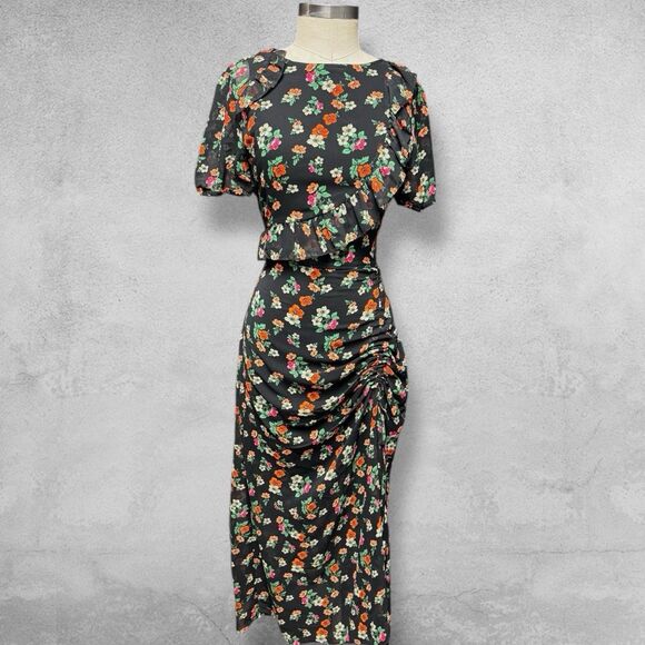 Maje Dresses & Skirts - Maje Rancho Ruffle Dress 2 Black Floral Chiffon Midi Whimsigoth Cottagecore